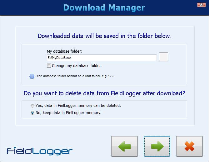 In the next screen, you must confirm the data base folder (folder where all data should be stored in your computer or in the network) and choose whether downloaded data should be deleted from