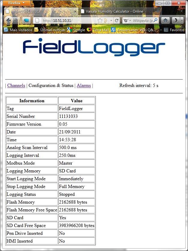The configuration and status information page has the current status of some parameters, as well as serial number, firmware version and other information from the equipment. Fig.