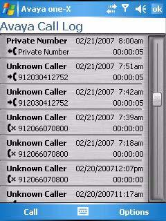 Basic Call Handling 2. Select Call Log. The Avaya Call Log appears as shown below. The icon next to the number indicates whether the call was dialed, answered, or missed.