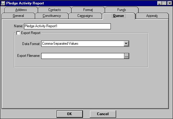 Queue Tab (for reports that cannot create output queries) Field Name Type* Description Name R This alphanumeric field (50 character maximum) defaults to the name of the report.