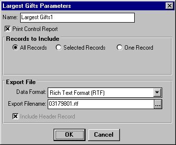 <Export Name> Parameters Screen The <Export Name> Parameters screen contains export-specific parameters; you can set these parameters for each export you include in the queue.