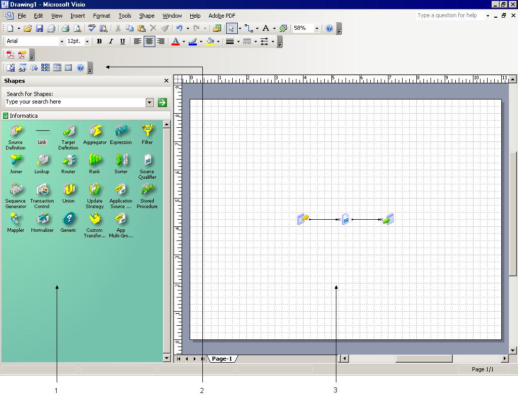 The following figure shows the Mapping Architect for Visio interface: 1. Informatica Stencil 2. Informatica Toolbar 3.