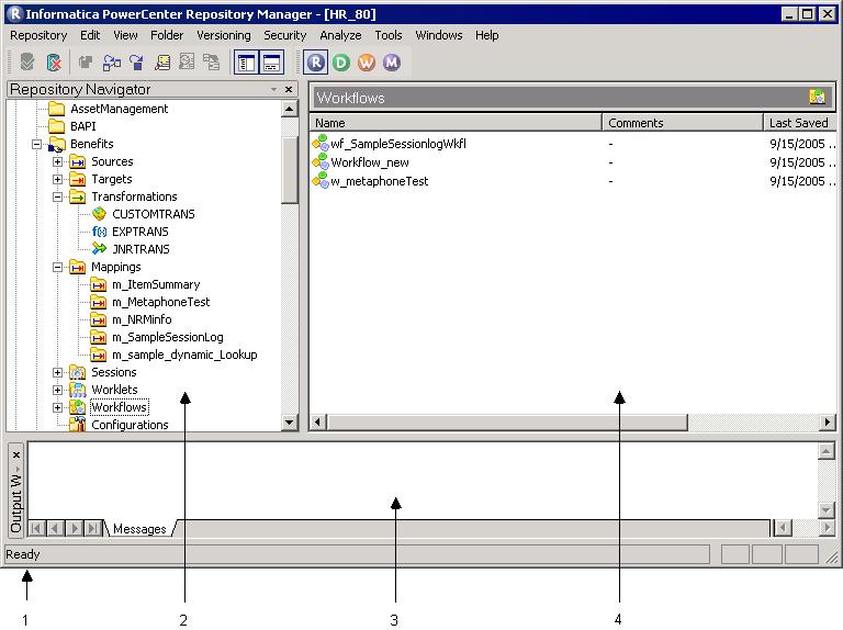 The following figure shows the Repository Manager interface: 1. Status bar 2. Navigator 3. Output 4.