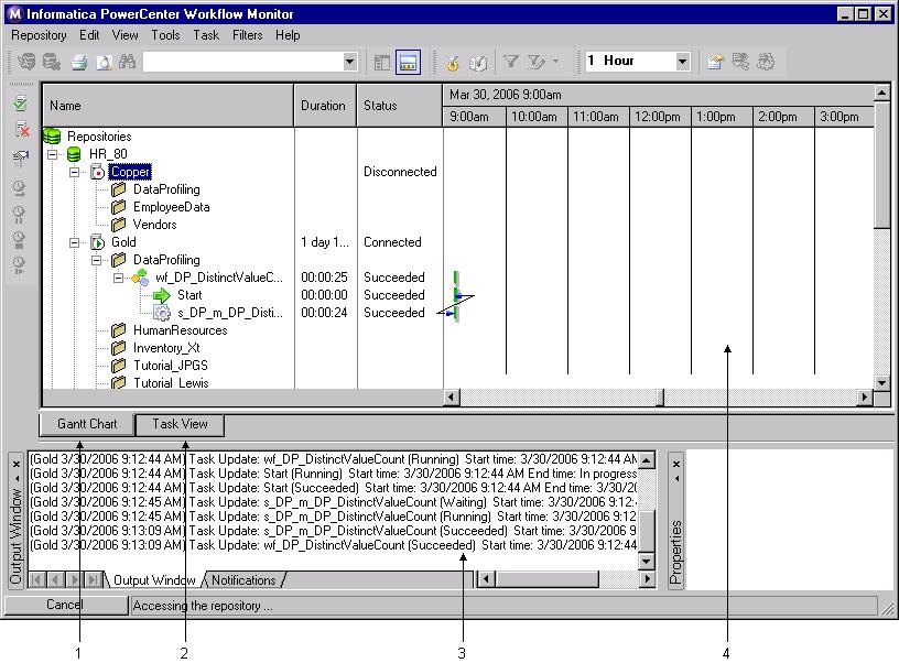 Output window. Displays messages from the Integration Service and Repository Service. Time window. Displays progress of workflow runs. Gantt Chart view.