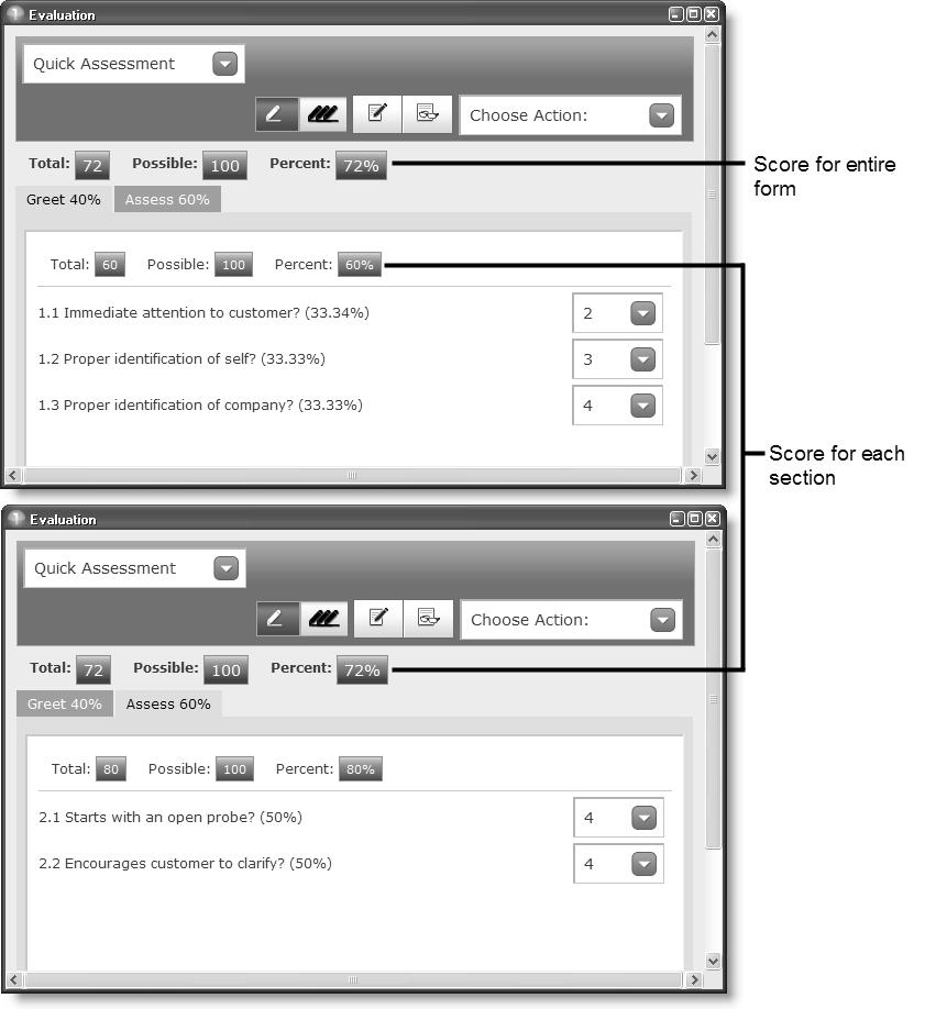 Recordings About Evaluations Figure 32 shows a completed form with two sections. Figure 32. Sample scored evaluation form Understanding How Sections are Weighted For this example, assume the completed form has two sections called Greet and Assess.