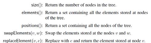 Tree Operations Accessor methods: Query methods: Generic methods: 41 Preorder Traversal A traversal visits the nodes of a tree in a systematic manner In a preorder traversal, a node is visited before