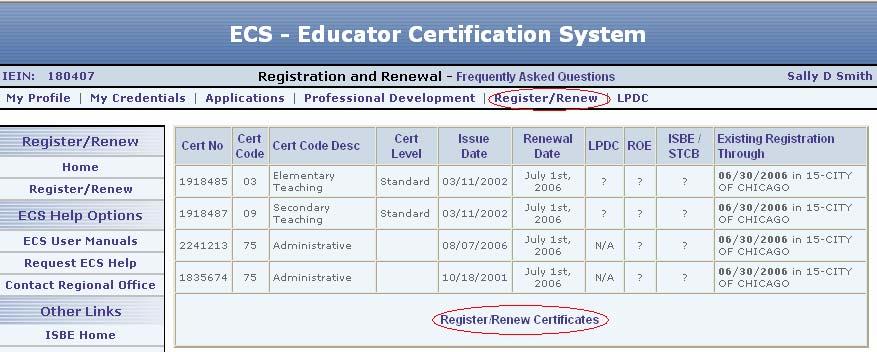Register/Renew The Register/Renew main menu item displays all certificates that can be registered and provides a link to