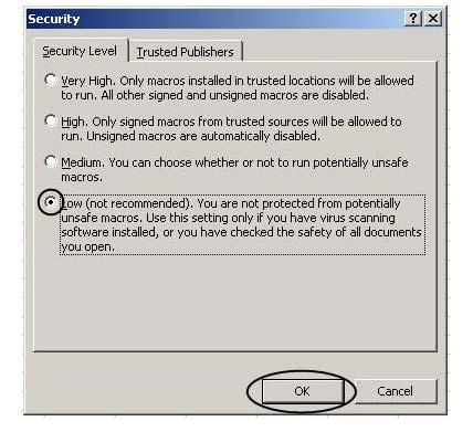 select <Macro> and <Security> Click <Low> and