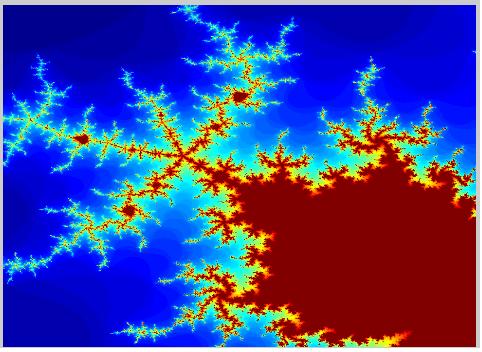 5 shows the initial 2D image of the Julia Set. Figures 6-8 show the outputs of the same based on 25 and 100 iterations. Fig. 2 3D Mandelbrot Set generated using 25 iterations, and (X, Y) ranges as [-2.