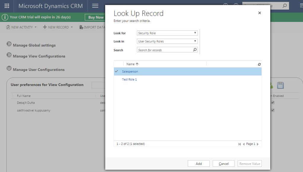 2. Once all the user data is loaded, you can configure any one of the role user is associated with (in this case user may be associated with multiple security roles in CRM) to consider for while