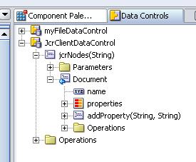 Figure 2. JcrClientDataControl in the Data Controls palette First, drag and drop the Document on the page as an ADF table.