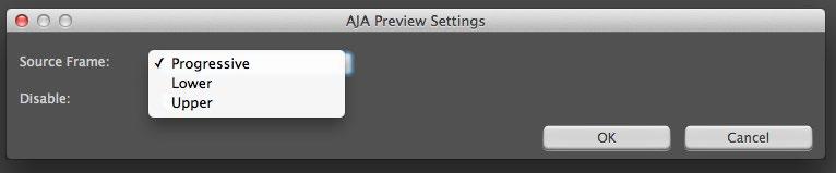 AJA After Effects Preview Settings Menu, Legacy Plugin Here you can choose to disable the AJA Plugin by checking the Disable box or select a Source Frame mode to define the video interlace for your