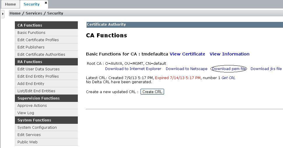 Configuration 3. On the CA Functions page, click Download pem file. 4. After you download the.pem file, save the file to your system. Installing CA certificate 1.