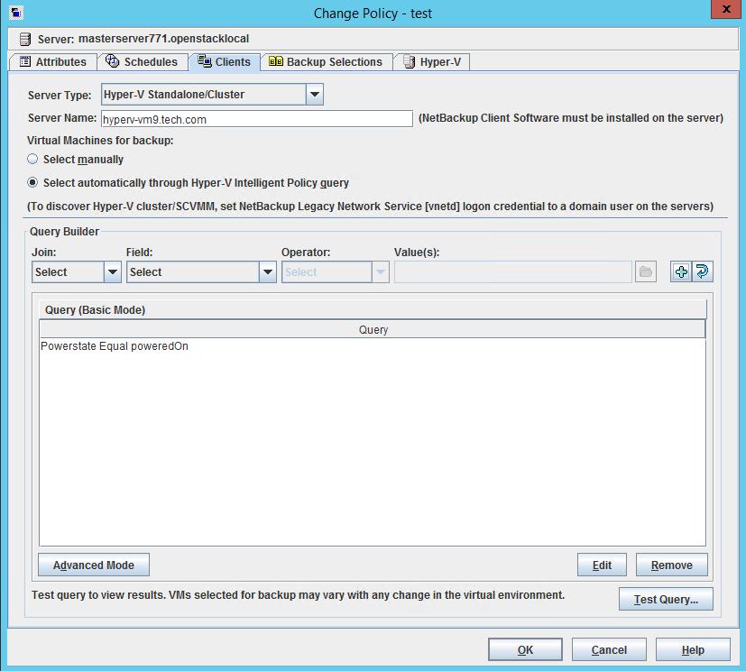 Configure Hyper-V Intelligent Policies Creating a Hyper-V policy for automatic virtual machine selection 65 Figure 5-1 Policy Clients tab for automatic selection of virtual machines The Query Builder