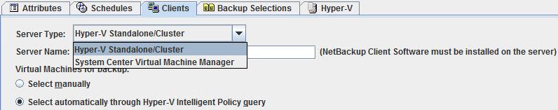 Configure Hyper-V Intelligent Policies Creating a Hyper-V policy for automatic virtual machine selection 66 4 Select the Server Type.