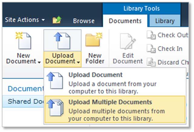 Browse to the appropriate document library 2. On the top of the page, under Library Tools, click Documents 3. Click the Upload Document menu, then select Upload Multiple Documents 4.