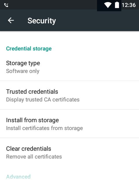 Credential storage Here you will find options for loading and installing credentials used for Wi-Fi security and other programs.