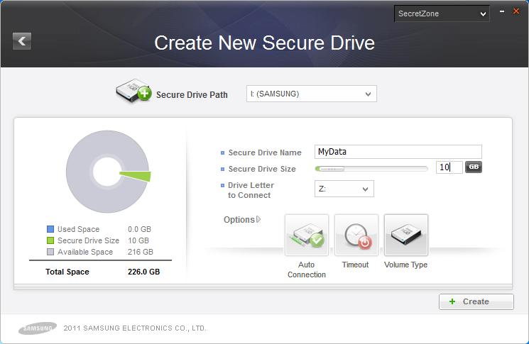 Chapter 2 Using Samsung Drive Manager Note: If the file system of a selected external hard disk is FAT, only a normal Secure Drive can be created. [Image] [[Create New Secure Drive]] Screen 3.