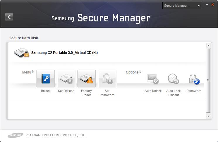 Chapter 2 Using Samsung Drive Manager unlock the secure hard disk and view the hidden data. On the Samsung Secure Manager screen: 1. Click [Unlock] on the menu.