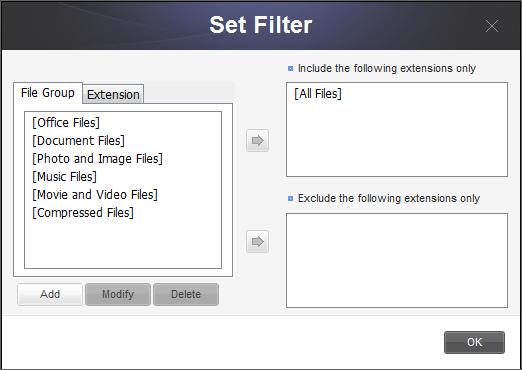 Chapter 3 Functions of Samsung Drive Manager Set Filter Of selected files or folders, file types to restore or exclude from restoration can be set. By default, all file types will be applied.