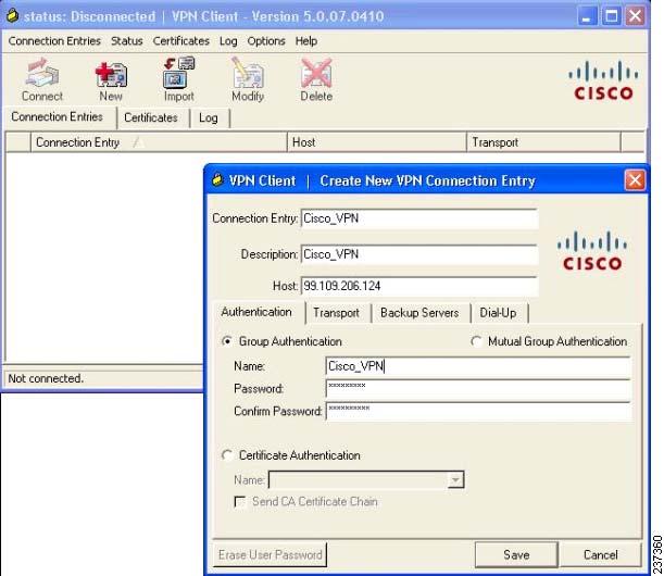 The Create New VPN Connection Entry window opens. Step 3. Step 4. Step 5. Enter a name and description for the new connection. For example: Cisco_VPN.