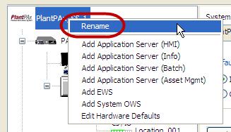 7. Right click on the PlantPAx_SS.1 item in the system tree and select Rename. (Slow double click also works.