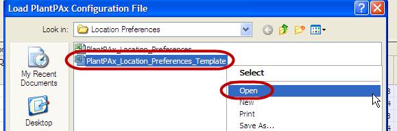 36. Right click on the PlantPAx_Location_Preferences_Template and select Open. This launches Excel and opens the spreadsheet for editing.