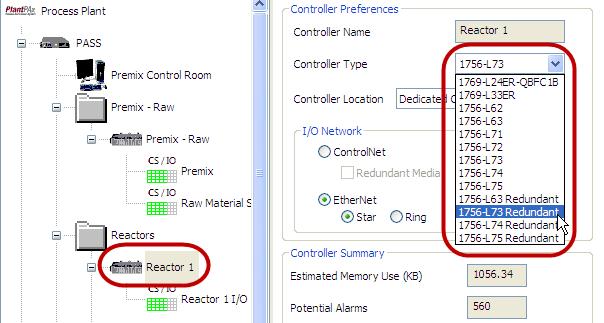 Click the Reactor 1 controller in the tree. In the Controller dropdown, select 1756-L73 Redundant to specify a redundant controller.
