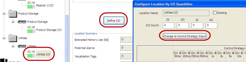 98. Open the I/O configuration dialog for the Utilities I/O location and click the Change to Control Strategy Input