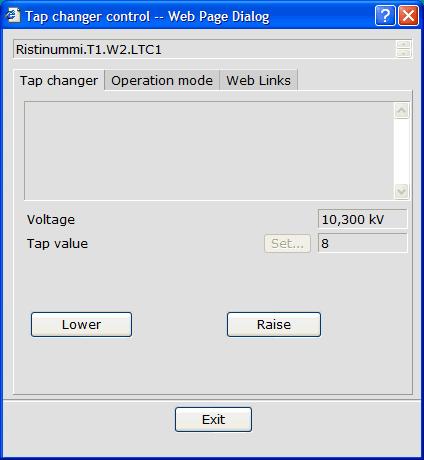 1MRS756705 COM600 series 5.0 3.6.6. Tap Changer Clicking a power transformer with tap changer opens a control dialog. In the dialog, you can monitor the voltage and the current tap changer position.