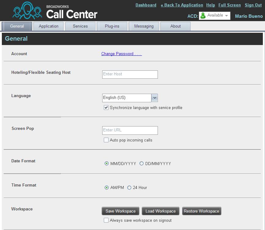 17.1 Settings General You use the General tab to configure miscellaneous settings that improve the usability of Call Center. 17.1.1 Account Figure 151 Settings General The following subsections describe the settings that can be configured on this page.
