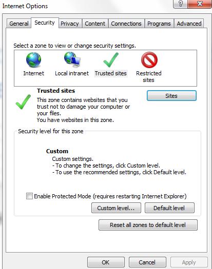 Figure 166 Internet Explorer Internet Options Security 2) Click the Security tab.