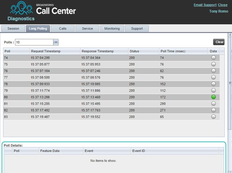 20.2.3 Calls Tab Figure 171 Diagnostic Tool Long Polling Tab The Calls tab shows call statistics for calls placed through the dialer.