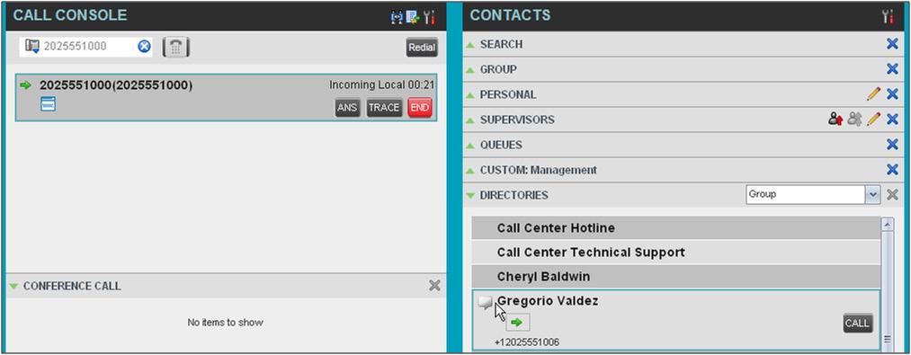 6.2 Drag and Drop Call onto Contact In Call Center, you can drag a call from the Call Console and drop it on a target contact in one of your contact directories.