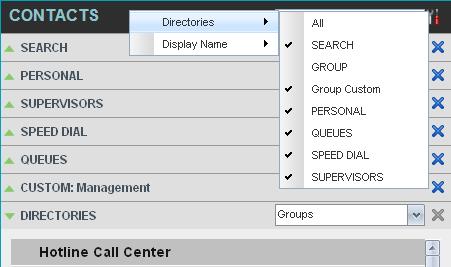 To show or hide a directory in the Contacts pane: 1) In the Contacts pane, click Options. 2) Select View, Directories, and then select or unselect the directory to display/hide.
