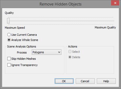 4.1 Removing Internal Details 1. From the CAD Tools toolbar, select Remove Hidden Objects The Remove Hidden Objects window will display. 2. Select Analyse Whole Scene and Process: Polygons. 3.