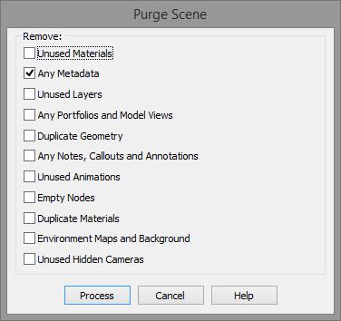 2 Removing Metadata The first step is to remove all metadata contained within files. 2.1 Removing all Metadata 1. Load the file. 2. Click Purge Scene on the 3D Editor toolbar.