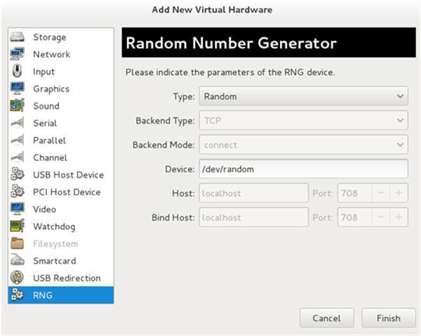 Install Cisco ISE on KVM b) To support RHEL 7, the KVM virtual manager has to support Random Number Generator (RNG) hardware. See the following image for RNG configuration.