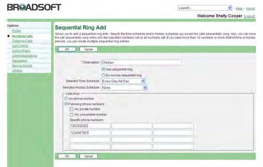 4.28.2 Add Sequential Ring Entry Use this procedure to add Sequential Ringing entries. Figure 86 Sequential Ring Sequential Ring Add 1) On the User Incoming Calls menu page, click Sequential Ring.