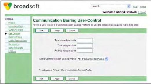 6.16 Communication Barring User-Control Use this menu item on the User Outgoing Calls menu page to change your Communication Barring personal identification number (PIN) and to select your active