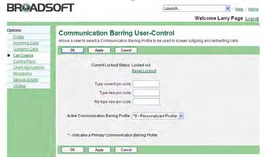 Figure 131 Call Control Communication Barring User-Control Figure 132 Call Control Communication Barring User Control When User Is Locked Out 1) On the User Call Control menu page, click