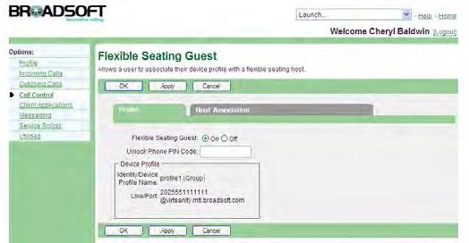 6.25 Flexible Seating Guest Use this item on the User Call Control menu, to configure your Flexible Seating Guest service and to create an association with a host. 6.25.1 Configure Flexible Seating Guest Use the Profile tab on the User Flexible Seating Guest page to configure your Flexible Seating Guest service.