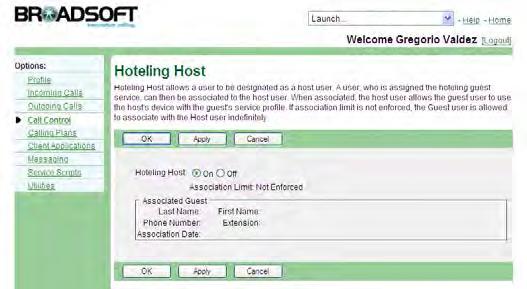 Figure 172 Call Control Hoteling Host 1) On the User Call Control menu page, click Hoteling Host. The User Hoteling Host page appears, showing information on the Hoteling Host services.