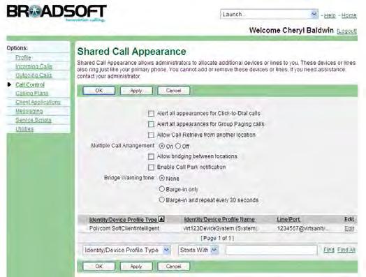 6.33.1 View Alternate Locations and Set SCA Preferences Figure 177 Call Control Shared Call Appearance 1) On the User Call Control menu page, click Shared Call Appearance.