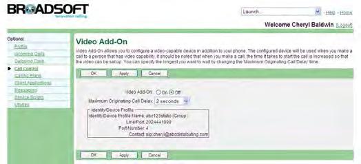 Figure 179 Call Control Video Add-On 1) On the User Call Control menu page, click Video Add-On. The User Video Add- On page appears. 2) To activate Video Add-On, select On.