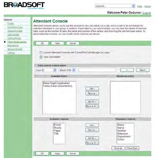 Figure 196 Client Applications Attendant Console 1) On the User Client Applications menu page, click Attendant Console. The User Attendant Console page appears.