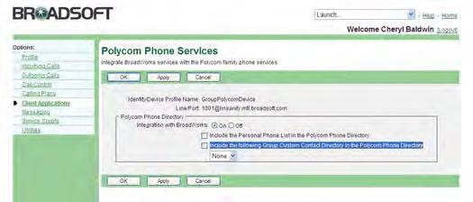 1) On the User Client Applications menu page, click Polycom Phone Services. The User Polycom Phone Services page appears displaying the Polycom Identity/Device profile assigned to you.