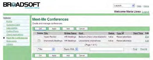 9.2.1 List Conferences You use the User Meet-Me Conferences page to list the Meet-Me conferences for which you are the host or a delegate. On this page you can also search for a particular conference.