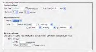 Figure 231 Meet-Me Conference Add Scheduling Details (Recurring Yearly Conference) Specify the start date of the conference.