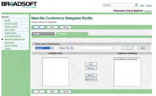 9.2.4 Delete Conference (Host) You can only delete conferences that you created. 1) On the User Meet-Me Conferencing menu page, click Conferences. The User Meet-Me Conferences page appears.